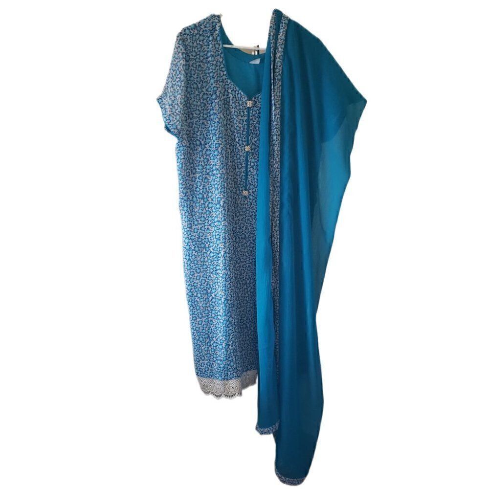 Naseem's Collection Blue Floral Kaftan with Matching Peacock Blue Dupatta